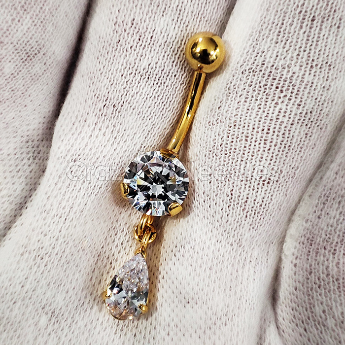 Kolczyk do pępka złoty z białą cyrkonią - KP-009