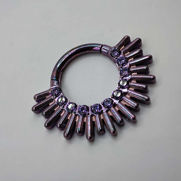 Titanium piercing clicker with purple zircons - silver - TK-055