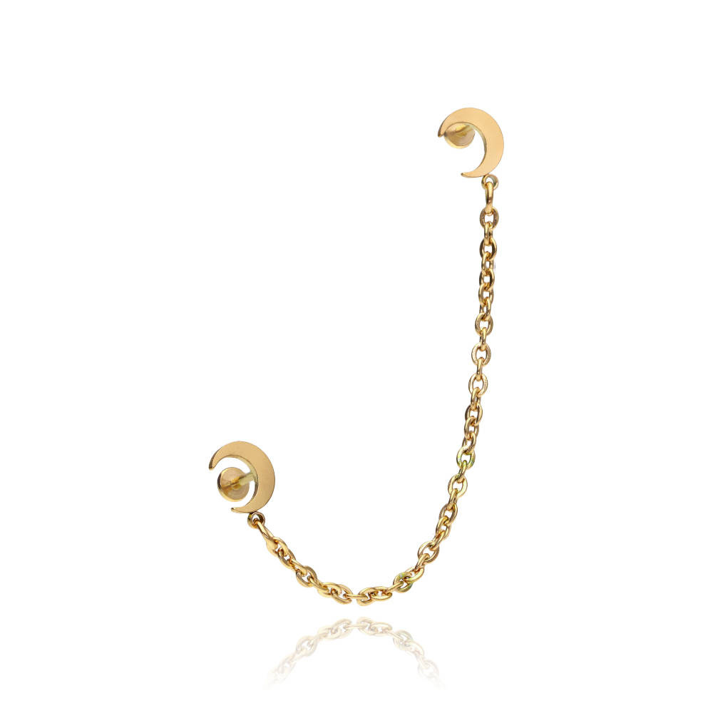 Earring labret moons with chain - gold - LGW-044/3