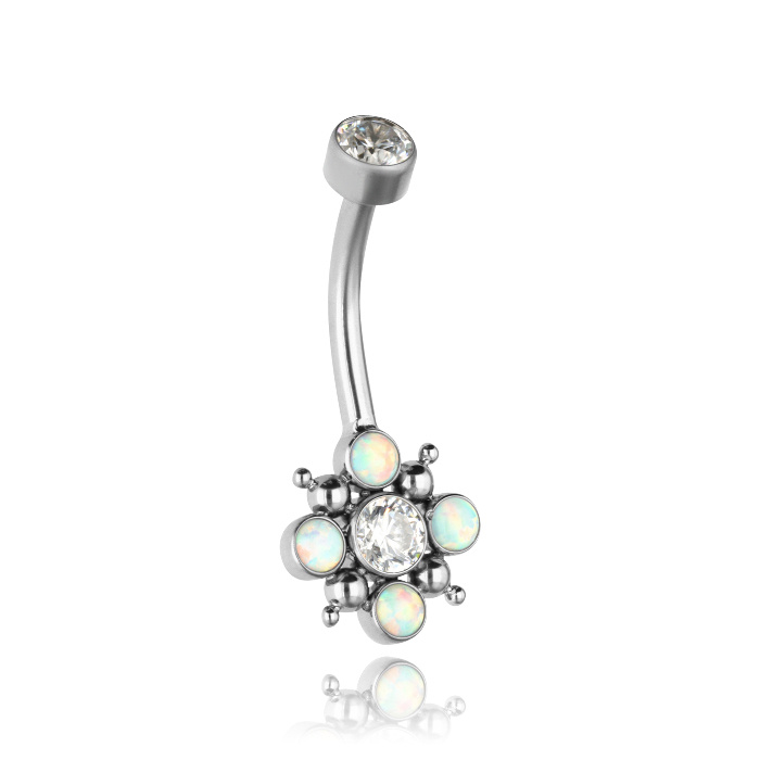 Titanium navel earring with white PREMIUM zirconia and light blue opal - TPP-027