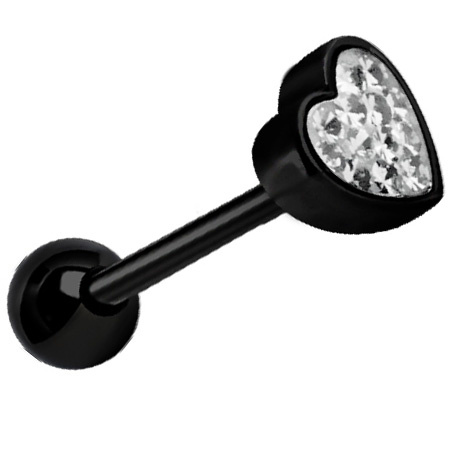 Tongue barbell black heart with white crystals - KJ-008