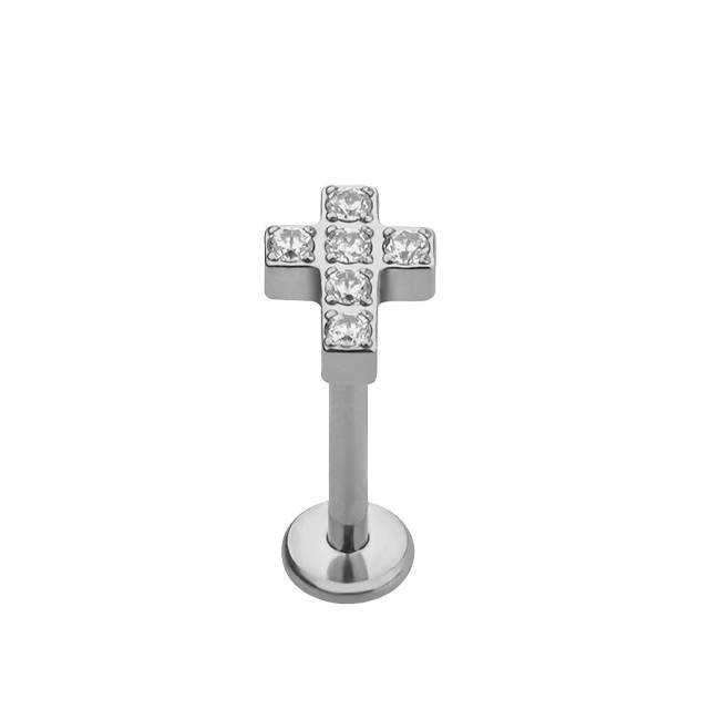 Titanium labret cross - white zirconia - TGW-086