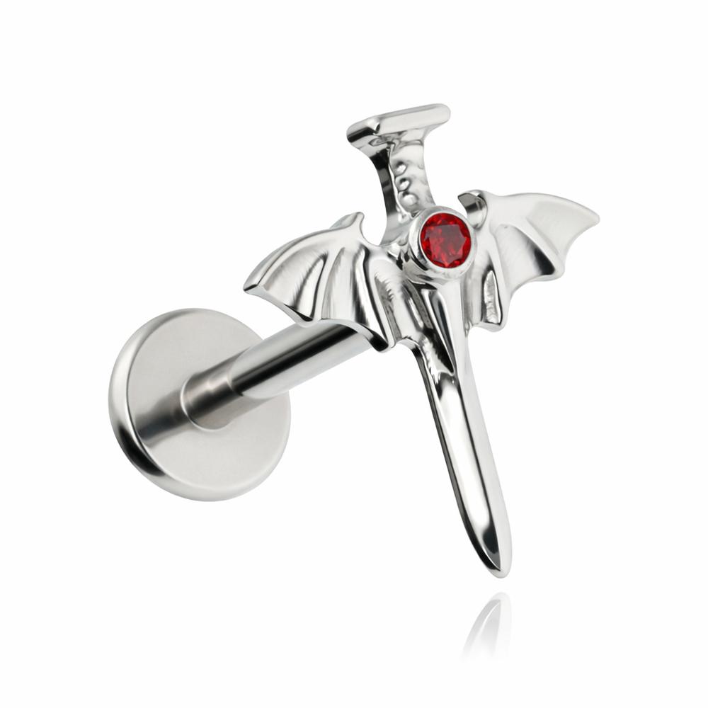 Tytanowy kolczyk labret sztylet z czerwoną cyrkonią - srebrny