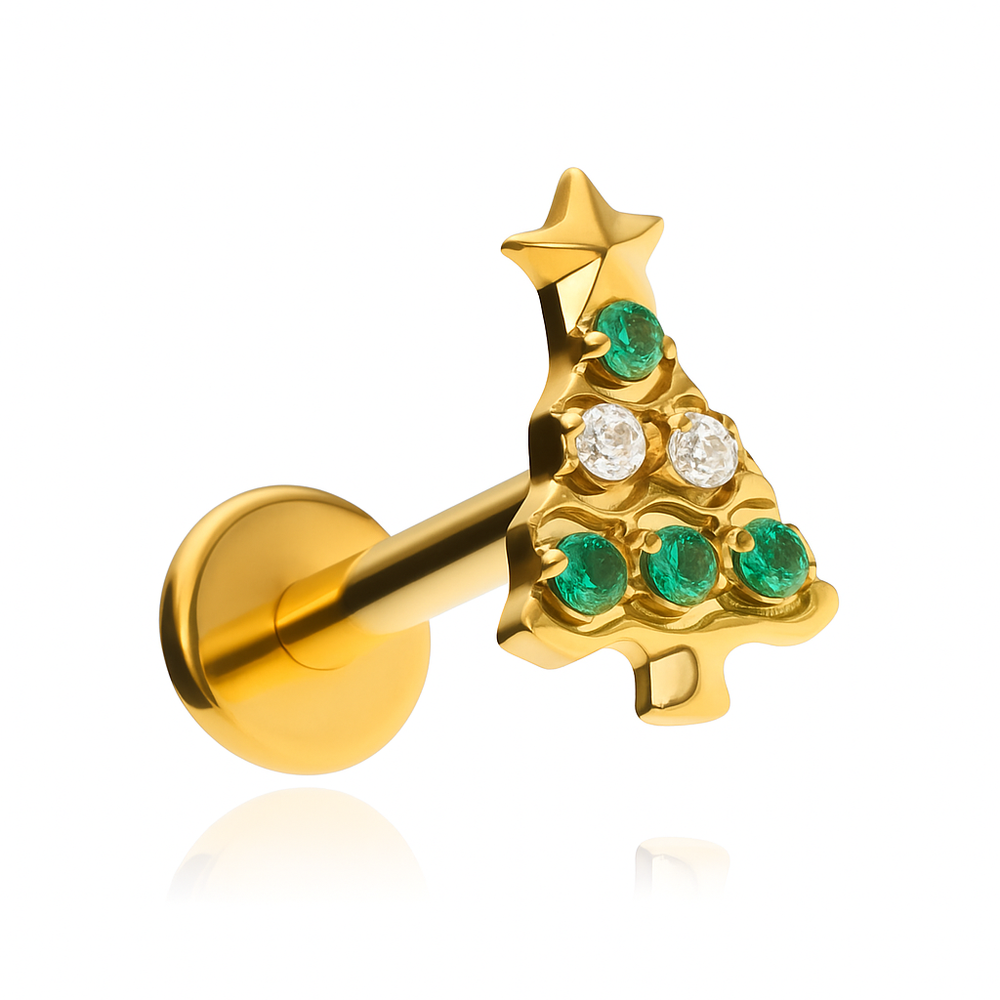Titanium labret christmas tree with white and green zircons-gold