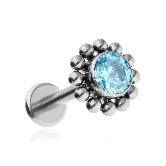 Titanium labret with blue zirconia - silver