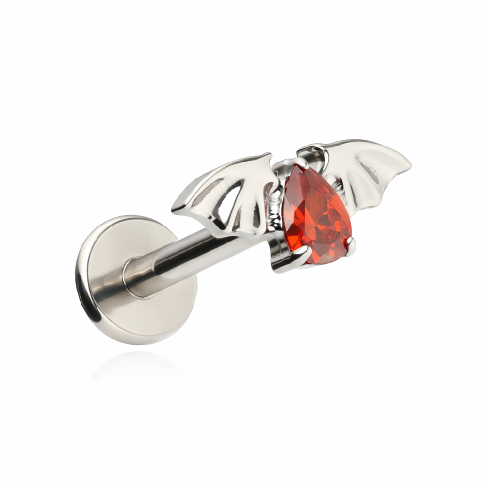 Titanium labret bat with red zirconia - silver