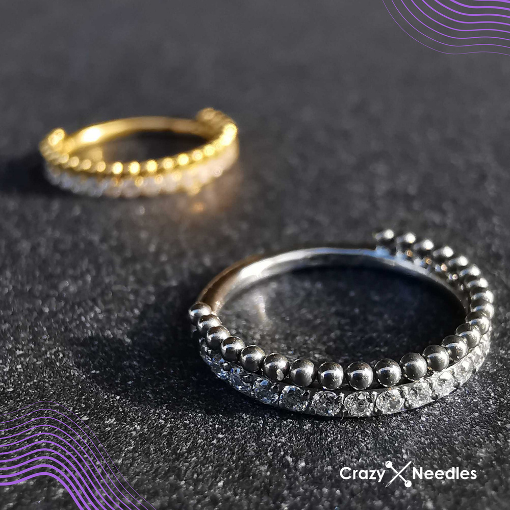 Titanium piercing ring clicker with white cubic zirconias and mini beads - silver - TK-041