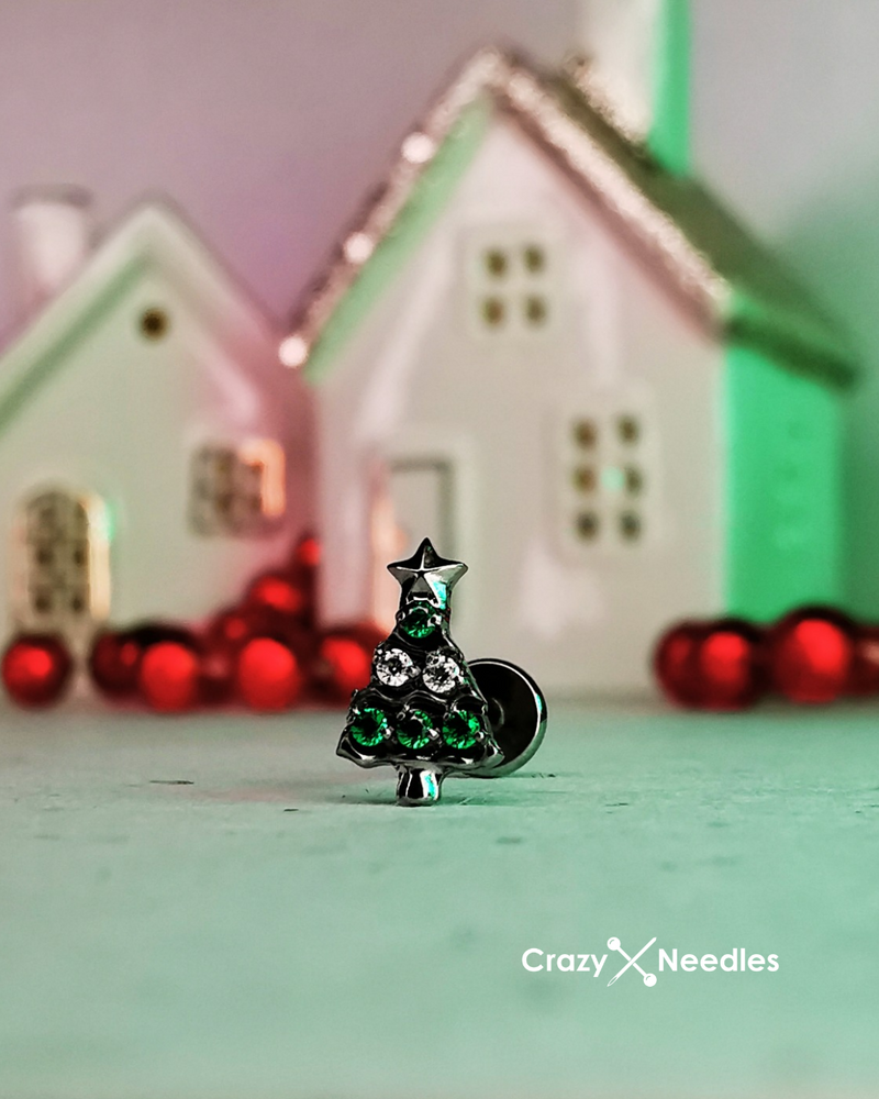 Titanium attachment christmas tree with white and green zircons - silver - TNA-212