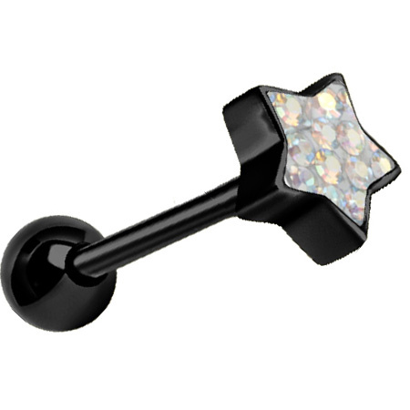 Tongue barbell black star with iridescent crystals - KJ-007