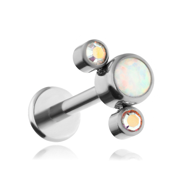 Titanium labret with light blue OP17 opal and iridescent crystals - silver