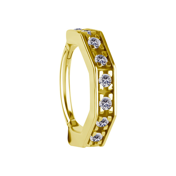 Piercing ring clicker decorative with white zircons - CoCr NF - gold - K-076