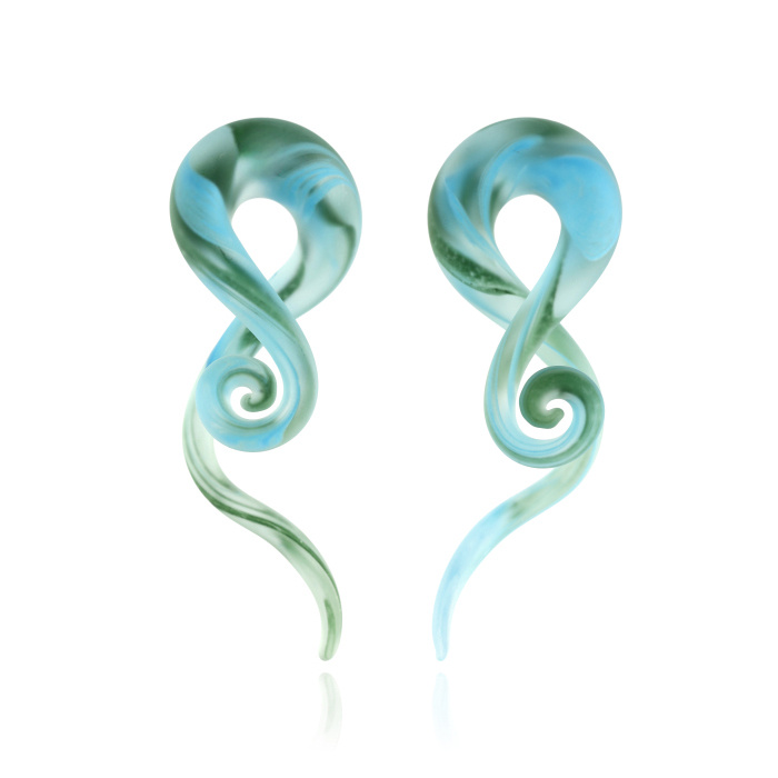 Glass Swan Spirals - frosted blue-green - pair - PT-168