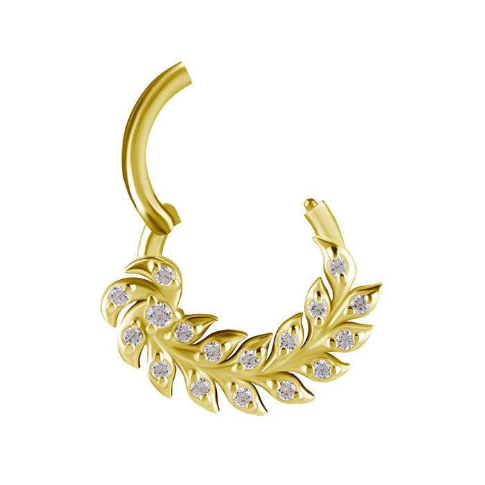 Piercing ring clicker - 18K gold leaf with white zirconia - GD18K-065
