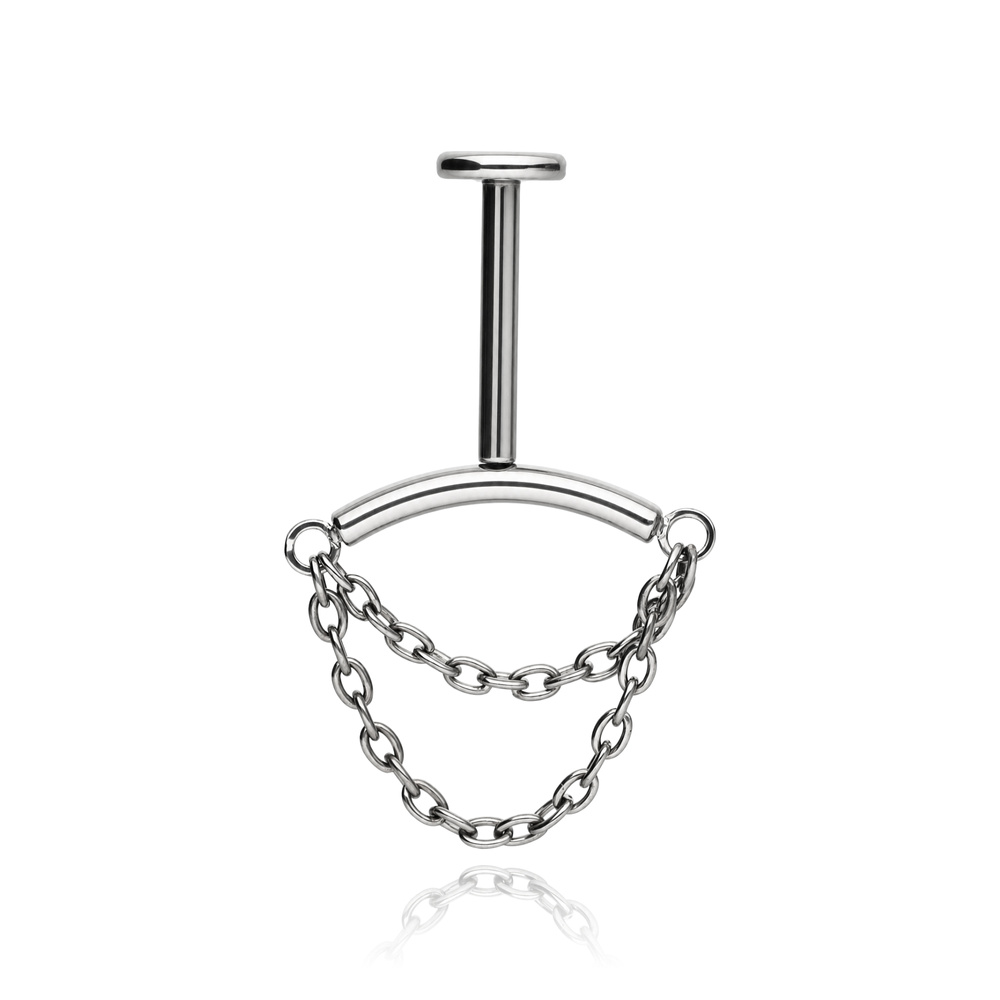 Tytanowy kolczyk labret PUSH IN z z łańcuszkami - srebrny
