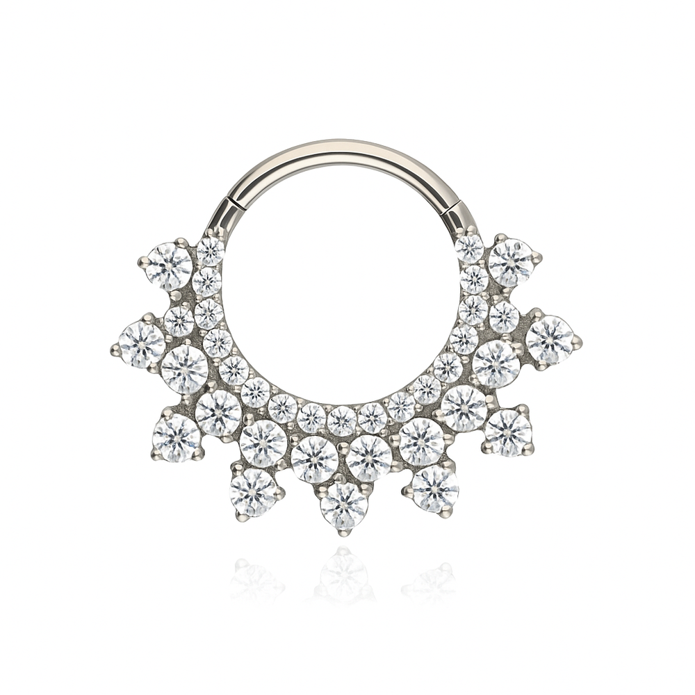 Titanium earring clicker with white zircons - silver - TK-100