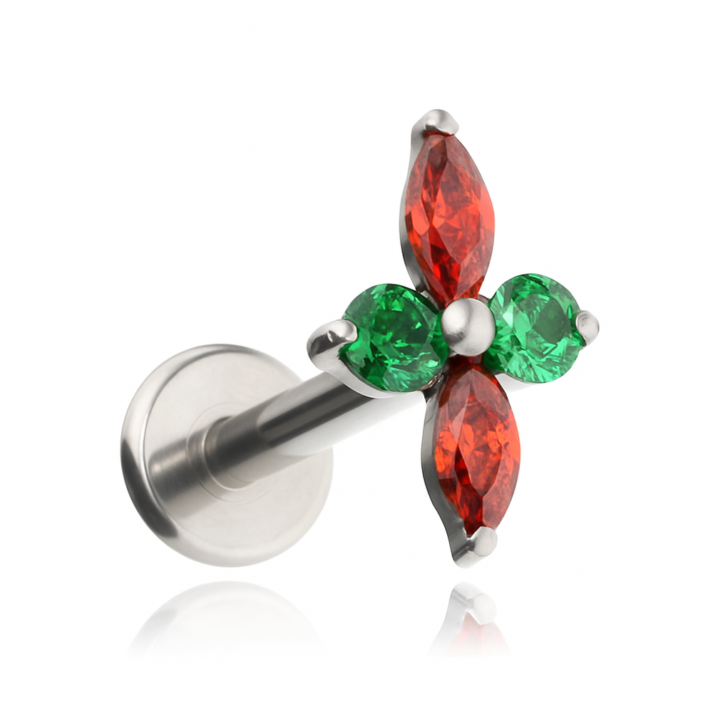 Titanium labret with red and green cubic zirconias - silver