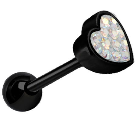 Tongue barbell black heart with iridescent crystals - KJ-008