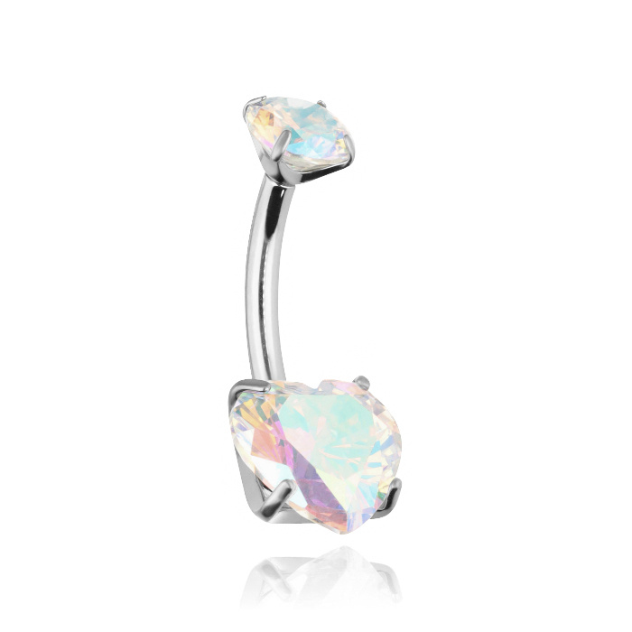 Titanium belly button ring with iridescent heart - silver - TPP-004