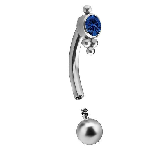 Titanium curved barbell - Premium Zirconia - silver and dark blue zirconia - TB-009