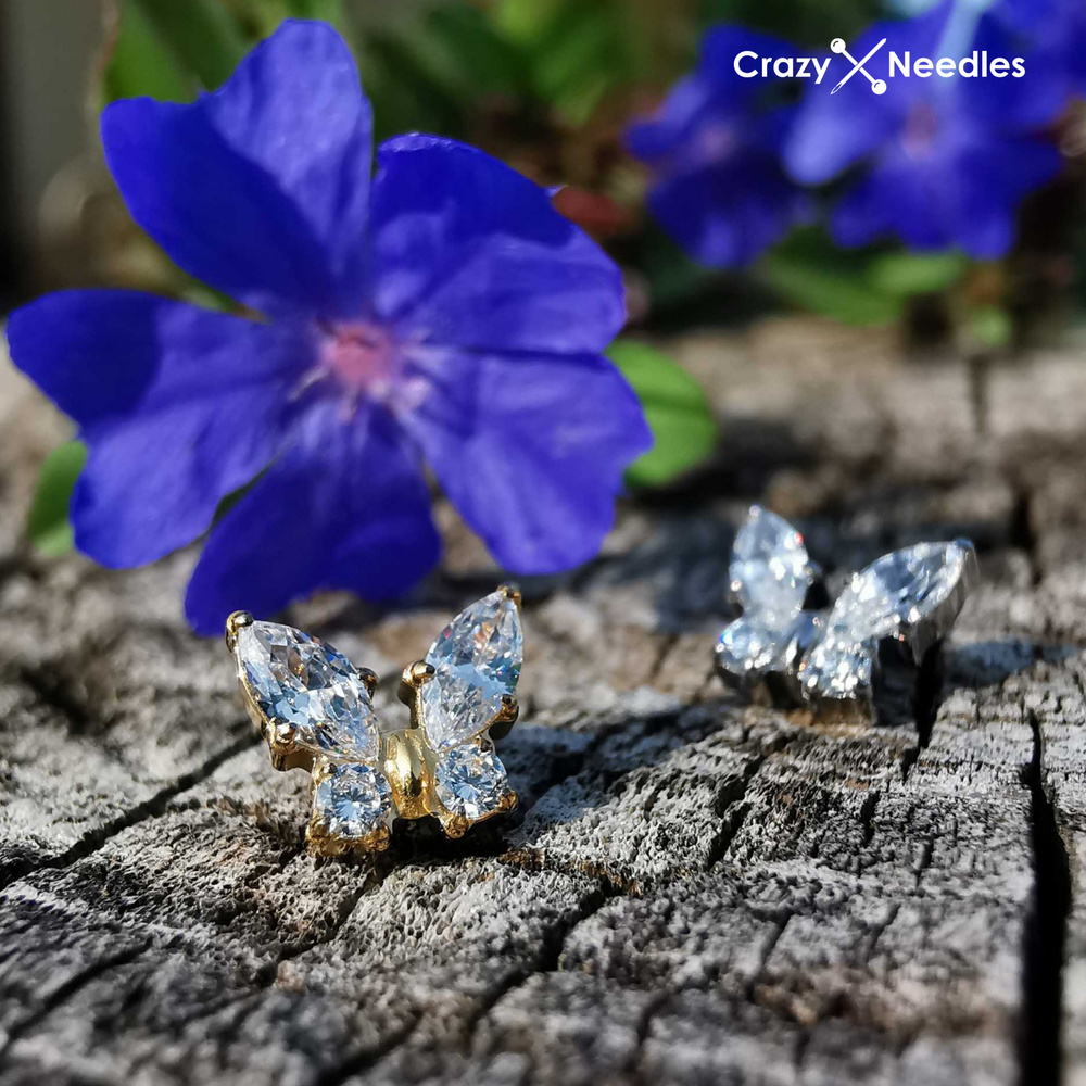 Titanium labret silver butterfly with white zircons