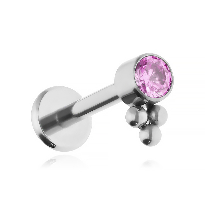Tytanowy kolczyk labret z różową cyrkonią - srebrny