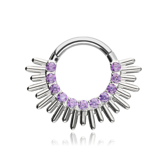 Titanium piercing clicker with purple zircons - silver - TK-055