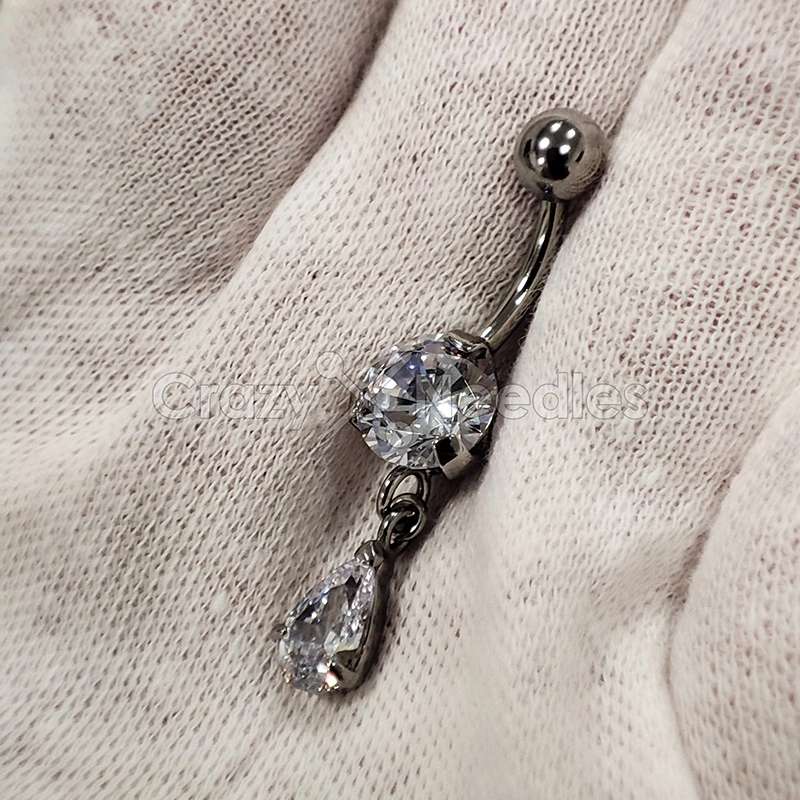 Silver Belly button ring with white zirconia - KP-009