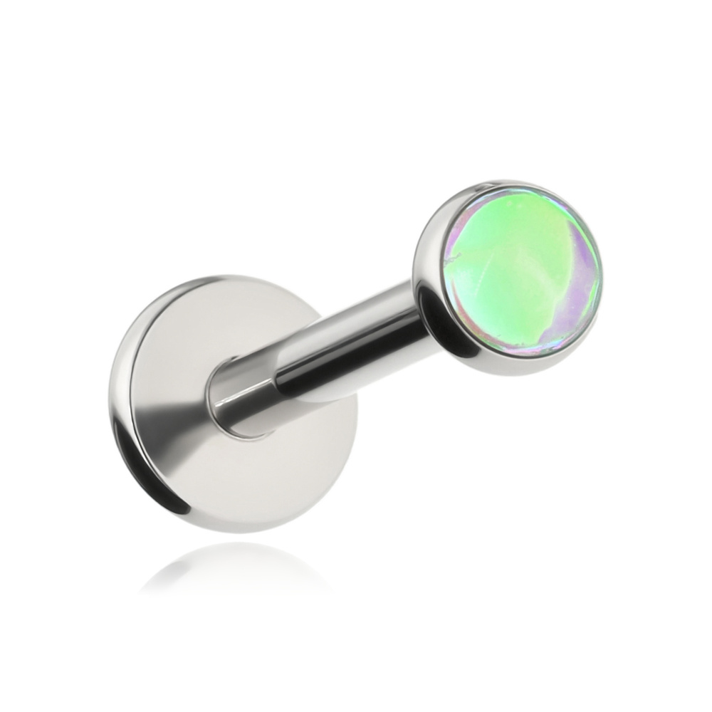 Titanium labret PUSH IN with a green iridescent decoration - silver