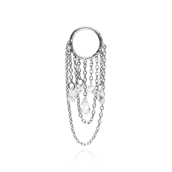 Titanium piercing ring clicker with chains and white cubic zirconias - silver - TK-082