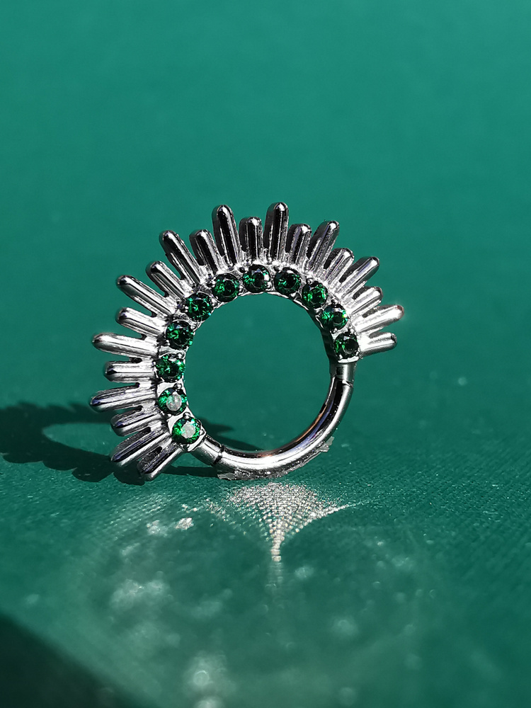 Titanium piercing clicker with green zircons - silver - TK-055