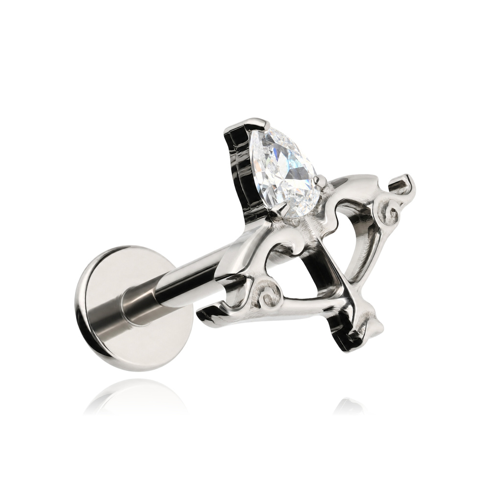 Tytanowy kolczyk labret - łuk z białą cyrkonią - srebrny