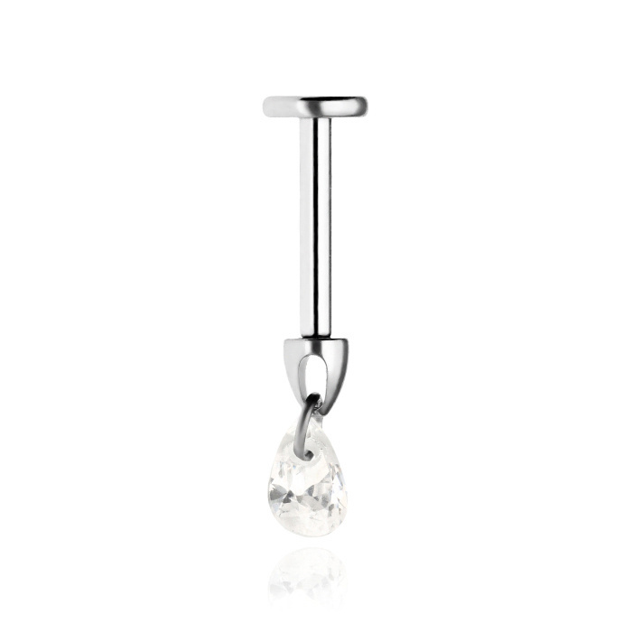 Tytanowy kolczyk labret z białą cyrkonią łezką - srebrny