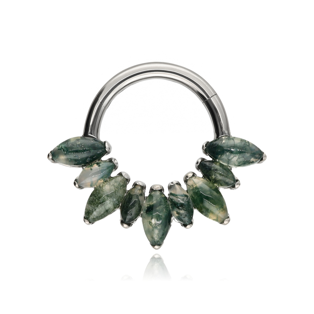 Titanium earring clicker with mossy agate - silver - TK-101