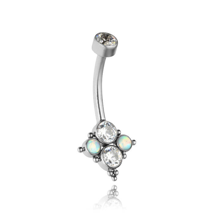 Titanium navel earring with white PREMIUM zirconia and light blue opal - TPP-045