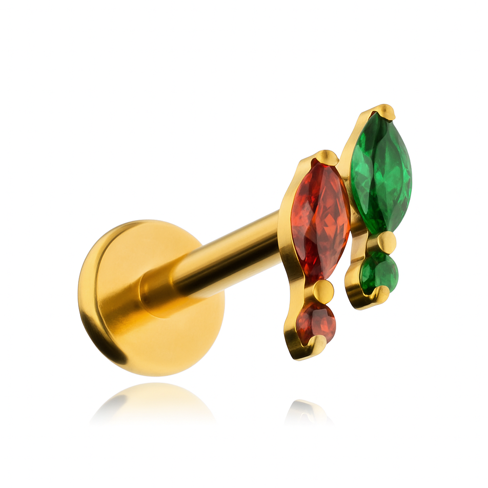 Titanium labret with green and red zirconia - gold