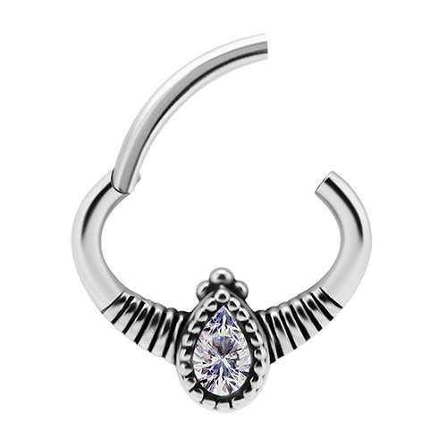 Silver clicker ring with white zircons - K-049