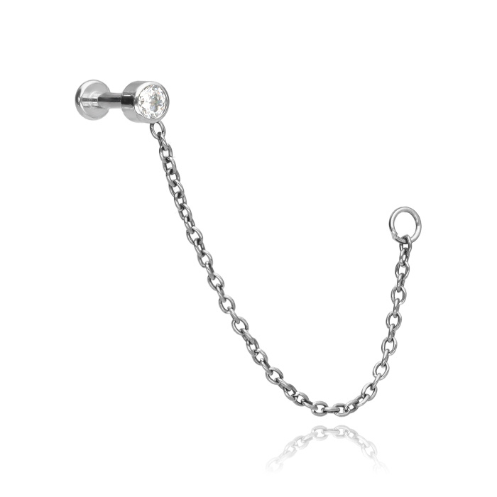 Titanium labret silver with white zirconia and chain - push in - TPI-007