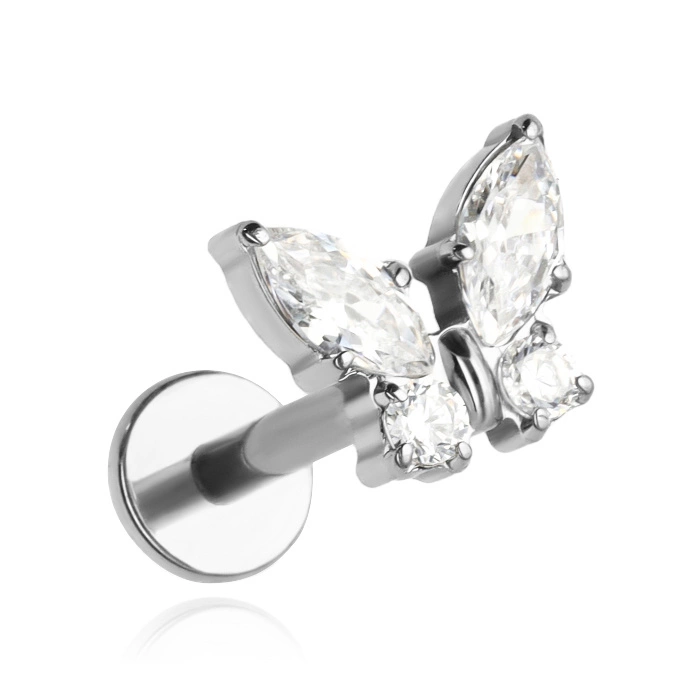 Titanium labret silver butterfly with white zircons