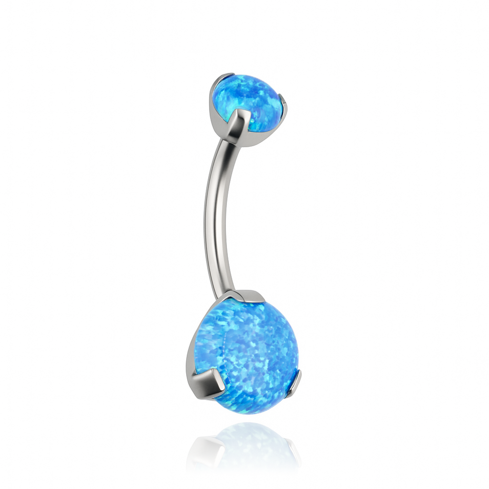 Titanium belly button ring with a blue opal  - silver - TPP-012