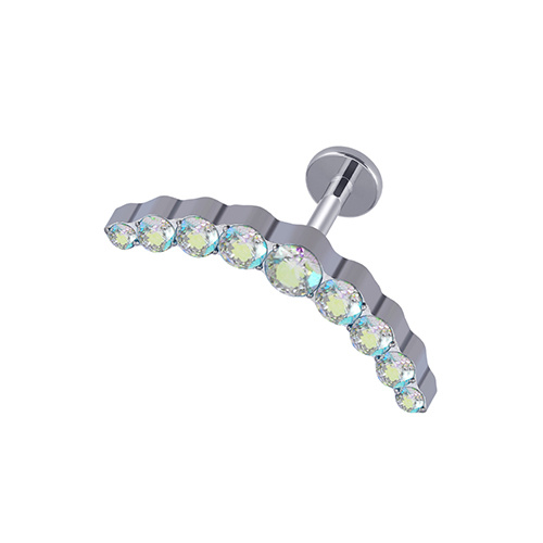 Titanium silver labret earring with iridescent zircons - TGW-002