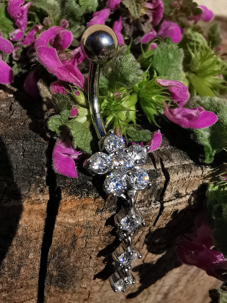 Belly button ring flower with zircons - silver - KP-037