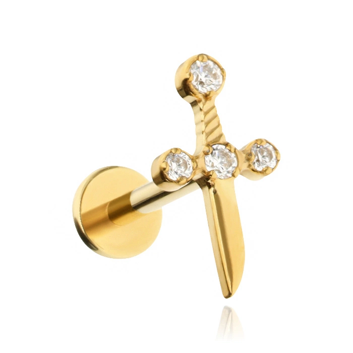 Titanium labret dagger with white zircons - gold