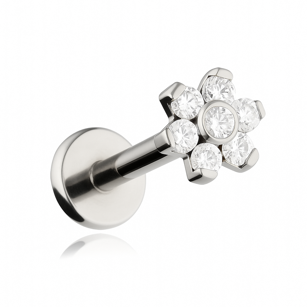Titanium labret flower with white zircons- silver