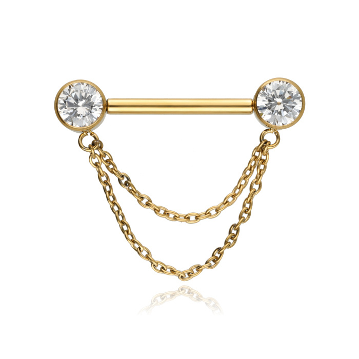 Titanium nipple piercing with white zircons and chain - gold - TI-005