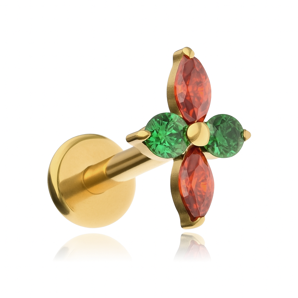 Titanium labret with red and green zircons - gold