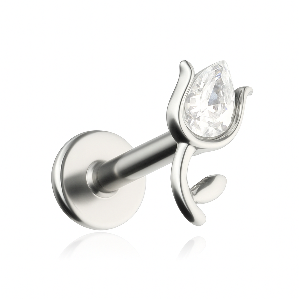 Labret tulip with white zircons - silver - LGW-053