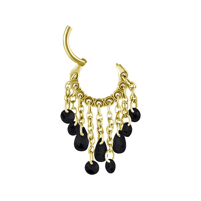 Piercing ring clicker with chains and black zircons - gold - K-065