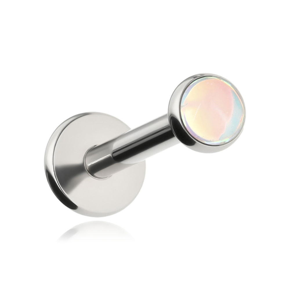 Titanium labret PUSH IN with a white iridescent decoration - silver