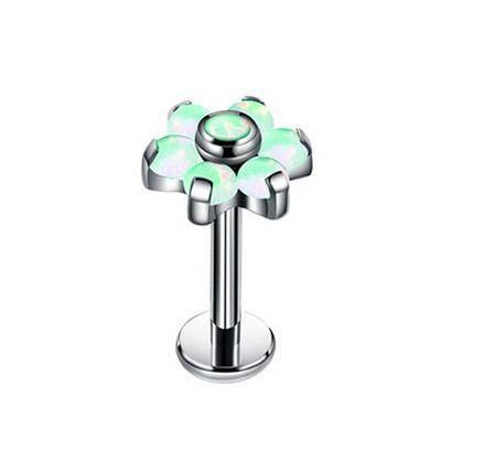 Titanium labret flower with light green opal - TGW-001-3