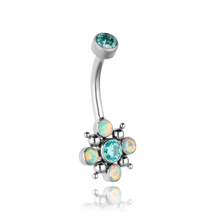 PREMIUM titanium navel earring with sea zirconia and blue opal - TPP-027